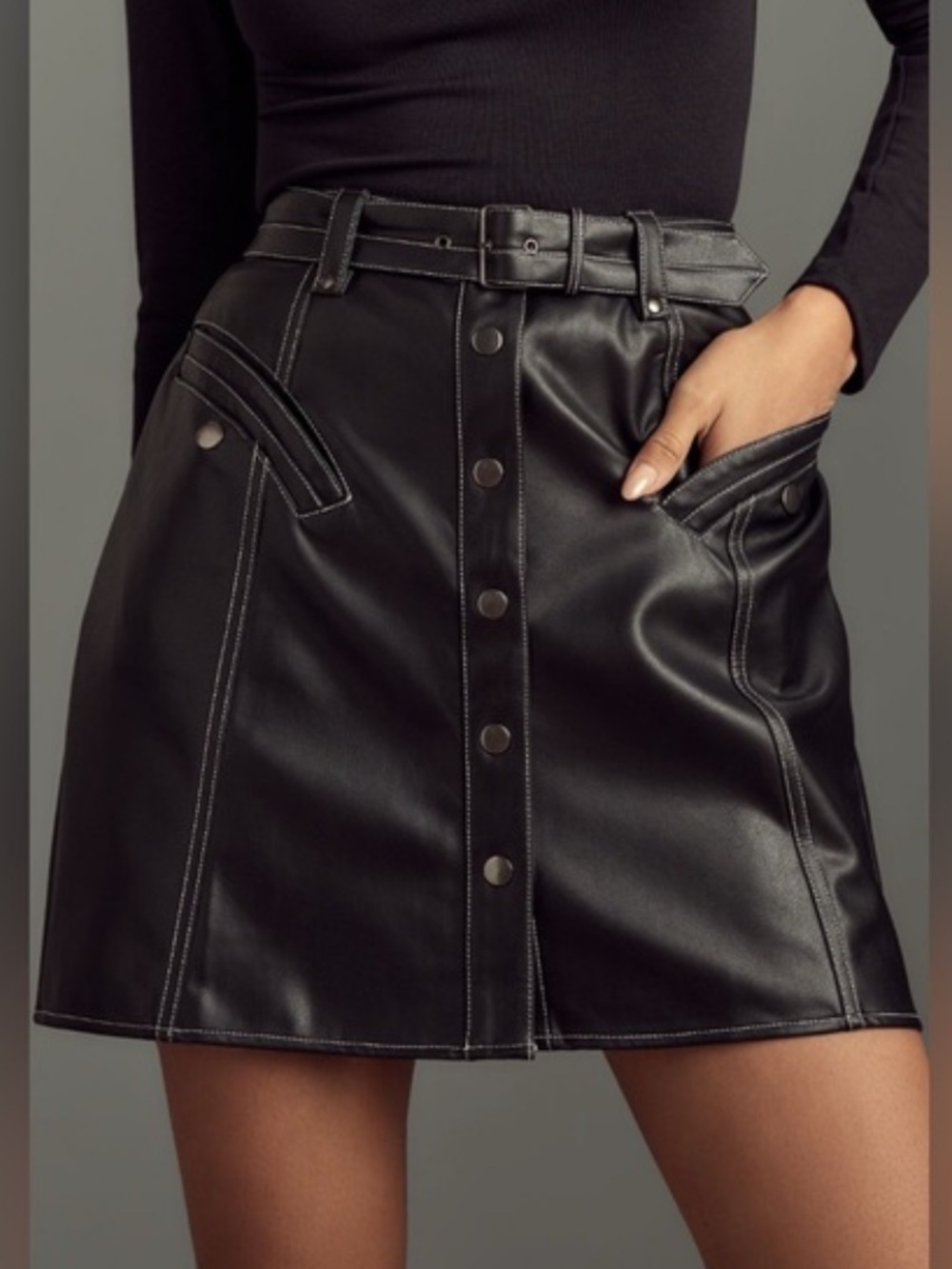Maeve Black Faux Leather A-Line Mini Skirt with Belt